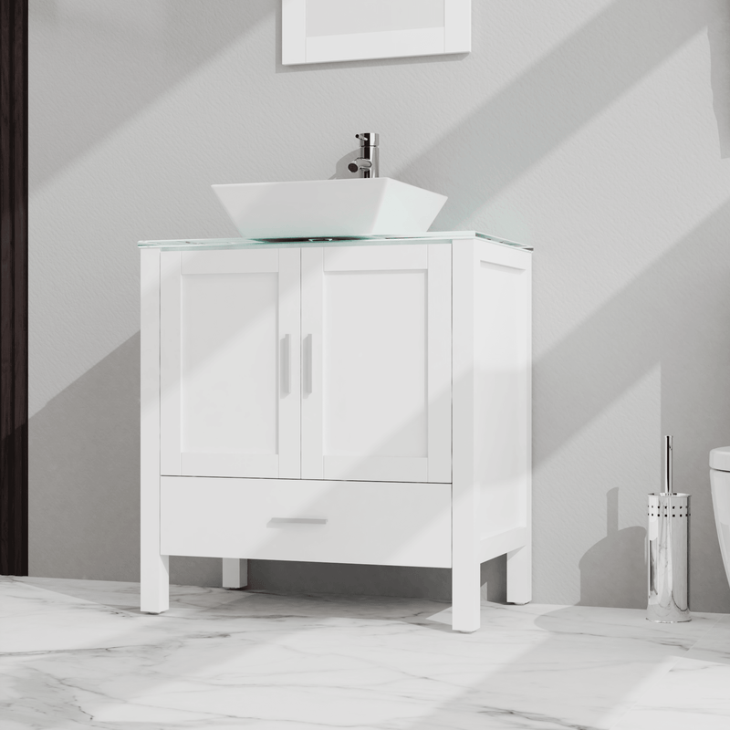 Goodyo 30" Bathroom Vanity and Sink Combo Glass Top Cabinet w/Mirror, White - Supfirm