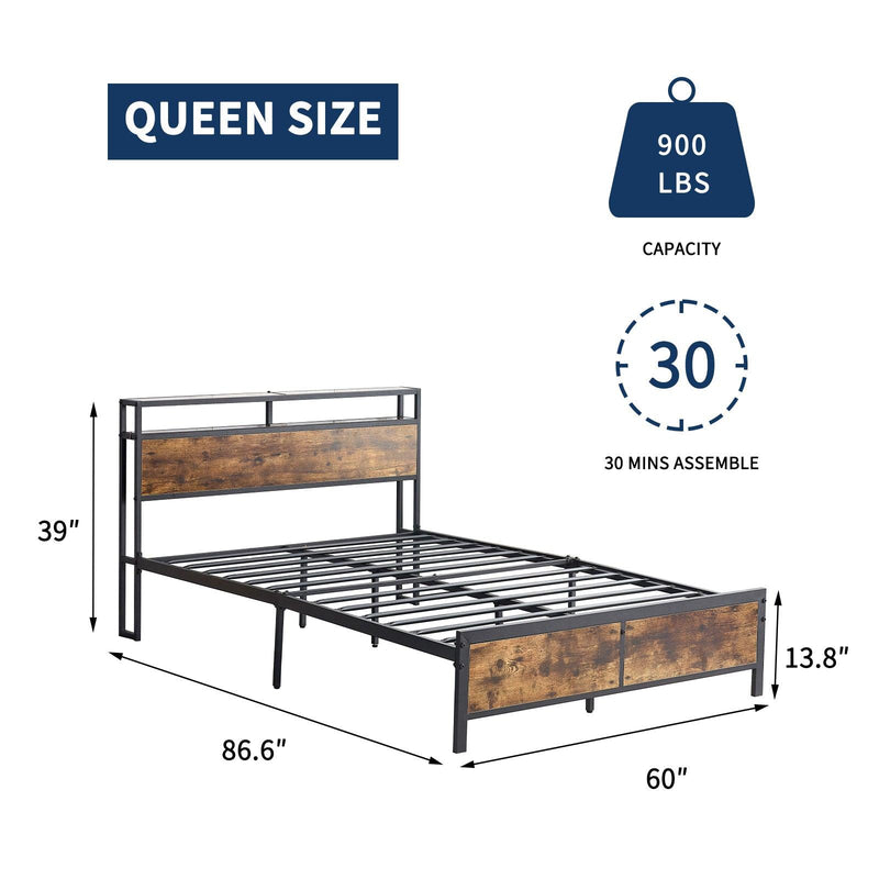 Industrial QUEEN Bed Frame with LED Lights and 2 USB Ports, Bed Frame Full Size with Storage, Noise Free, No Box Spring Needed, Rustic Brown - Supfirm