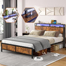Industrial QUEEN Bed Frame with LED Lights and 2 USB Ports, Bed Frame Full Size with Storage, Noise Free, No Box Spring Needed, Rustic Brown - Supfirm