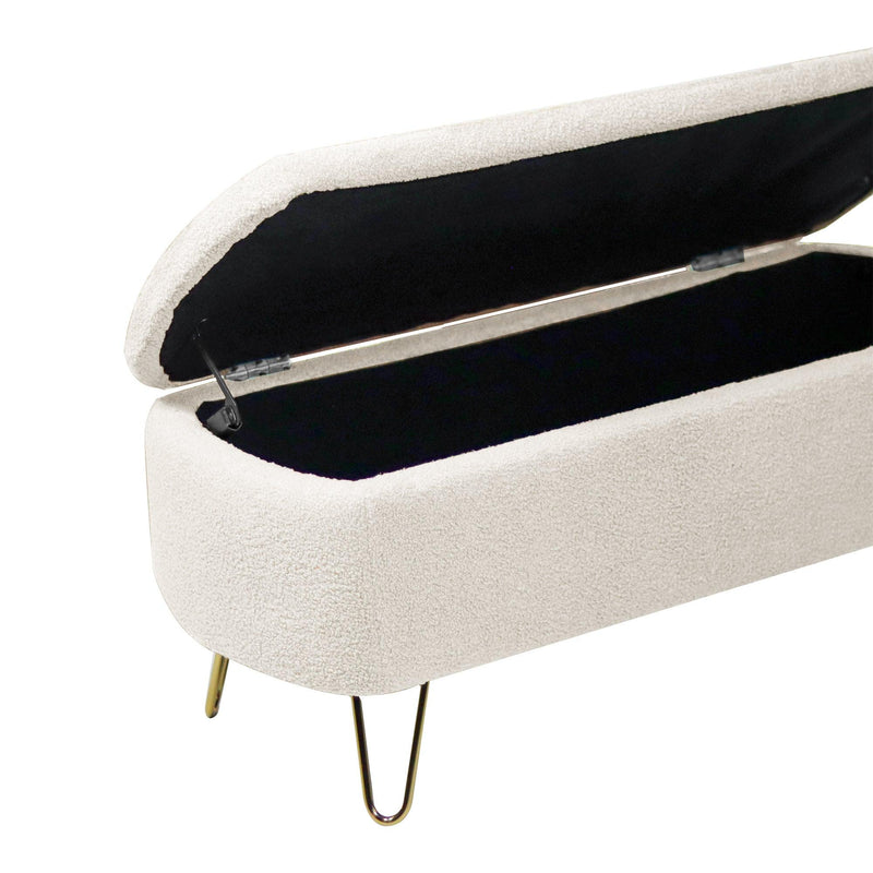 Ivory White Storage Ottoman Bench for End of Bed Gold Legs, Modern Ivory White Faux Fur Entryway Bench Upholstered Padded with Storage for Living Room Bedroom - Supfirm