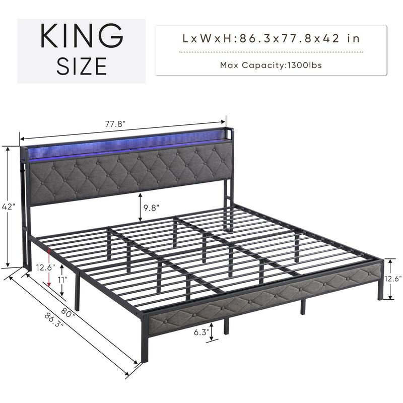 King Bed Frame with Headboard, Charging Station and LED Lights, Upholstered Platform Bed with Heavy Metal Slats, No Box Spring Needed, Noise Free, Easy Assembly, Dark Gray, Common - Supfirm