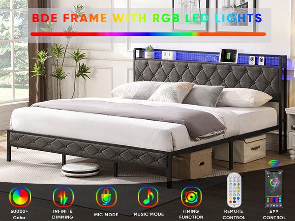 King Bed Frame with Headboard, Charging Station and LED Lights, Upholstered Platform Bed with Heavy Metal Slats, No Box Spring Needed, Noise Free, Easy Assembly, Dark Gray, Common - Supfirm