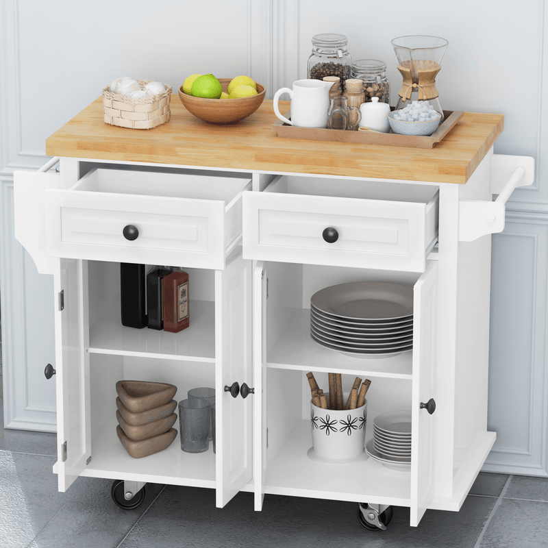 Kitchen Island Cart with Two Storage Cabinets and Two Locking Wheels,43.31 Inch Width,4 Door Cabinet and Two Drawers,Spice Rack, Towel Rack(White) - Supfirm