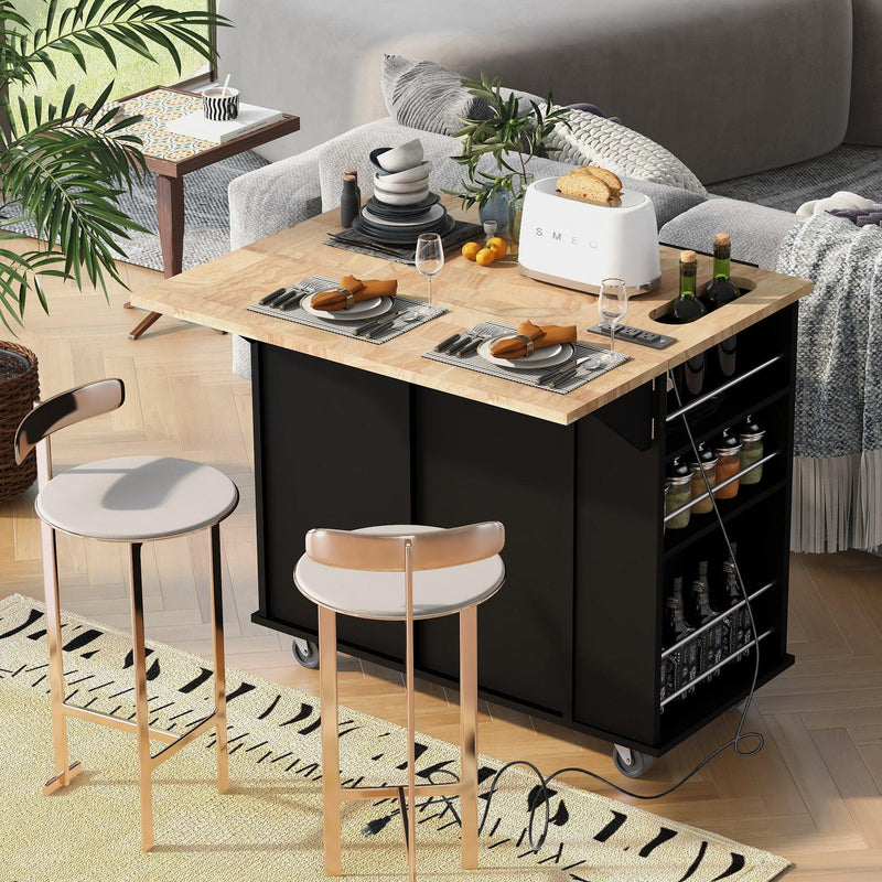 Kitchen Island with Power Outlet,Kitchen Storage Island with Drop Leaf and Rubber Wood,Open Storage and Wine Cubbies Rack,5 Wheels,with Adjustable Storage for Home, Kitchen, and Dining Room, Black - Supfirm