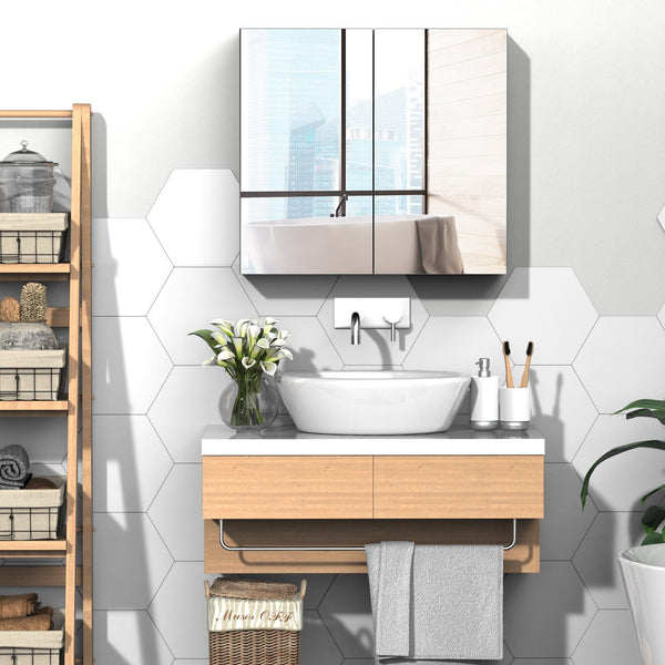 Supfirm kleankin Bathroom Mirrored Cabinet, 24"x22" Steel Frame Medicine Cabinet, Wall-Mounted Storage Organizer with Double Doors, White - Supfirm