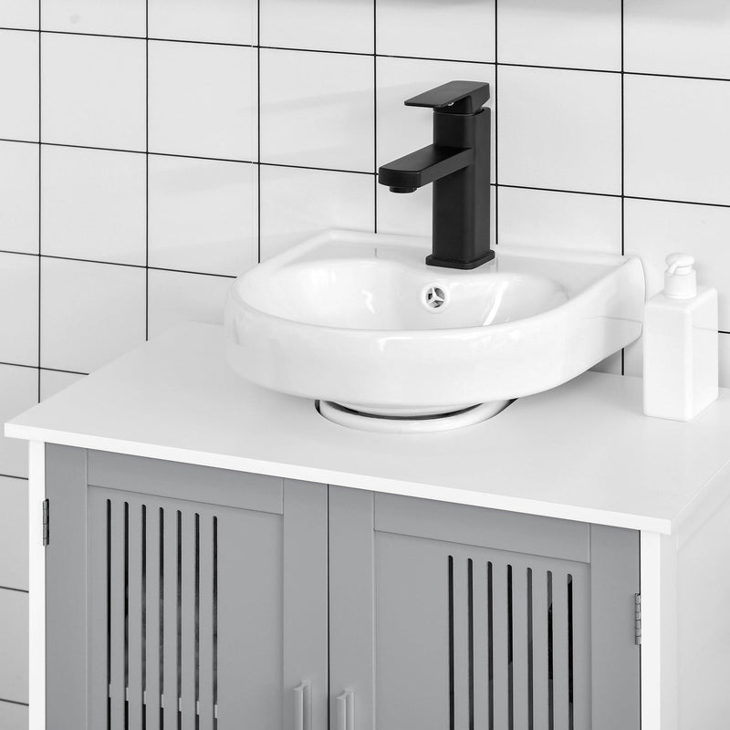 kleankin Modern Under Sink Cabinet with 2 Doors, Pedestal Under Sink Bathroom Cupboard, Bathroom Vanity Cabinet with Adjustable Shelves, Gray and White - Supfirm