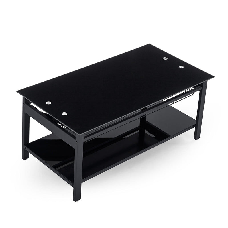 Lift and Lift Coffee Table with Hidden Dividers and Storage Shelves, Lift and Lift Tempered Glass Top Dining Table for Living Room Reception Room, Black - Supfirm