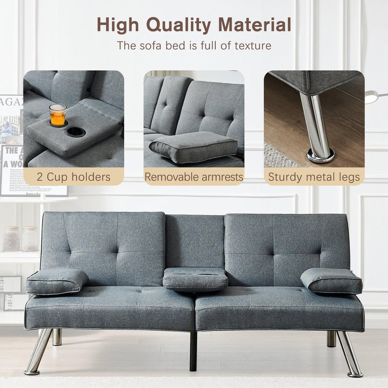 Linen Fabric Modern Sofa Bed Futon Couch Bed Folding Recliner Sleeper Reversible Loveseat Convertible Daybed, 2 Cup Holders, 3 Angles, Removable Armrests, Gray - Supfirm