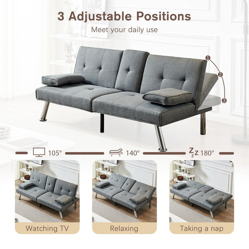 Linen Fabric Modern Sofa Bed Futon Couch Bed Folding Recliner Sleeper Reversible Loveseat Convertible Daybed, 2 Cup Holders, 3 Angles, Removable Armrests, Gray - Supfirm