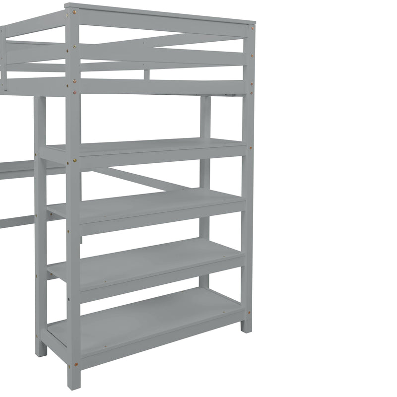 Loft Bed Twin with desk,ladder,shelves , Grey - Supfirm