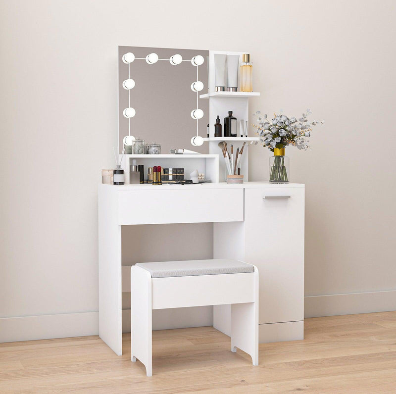 Makeup Vanity Table Set with Drawer and Storage Cabinet, Dressing Table with Vanity Cushioned Stool for Bedroom, Makeup Room - Supfirm