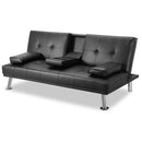 MEGA Futon Sofa Bed, Modern Faux Leather Convertible Folding Lounge Sofa for Living Room with 2 Cup Holders Removable Soft Armrests and Sturdy Metal Legs, Charming Black. - Supfirm