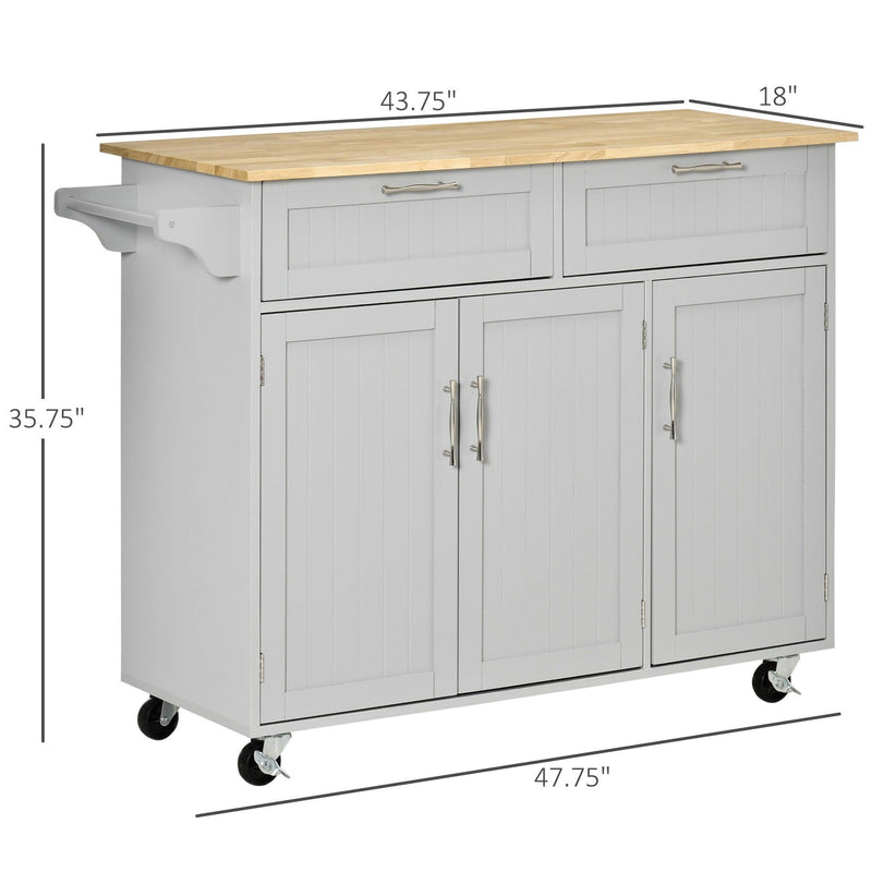 Mobile Kitchen Island with Storage, Kitchen Cart with Wood Top, Storage Drawers, 3-door Cabinets, Adjustable Shelves and Towel Rack, Gray - Supfirm