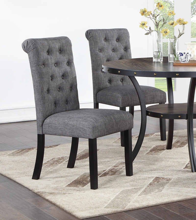 Modern Classic Dining Room Furniture Natural Wood Round Dining Table 4x Side Chairs Charcoal Fabric Tufted Roll Back Top Chair Nail heads Trim Storage Shelve 5pc Dining Set - Supfirm