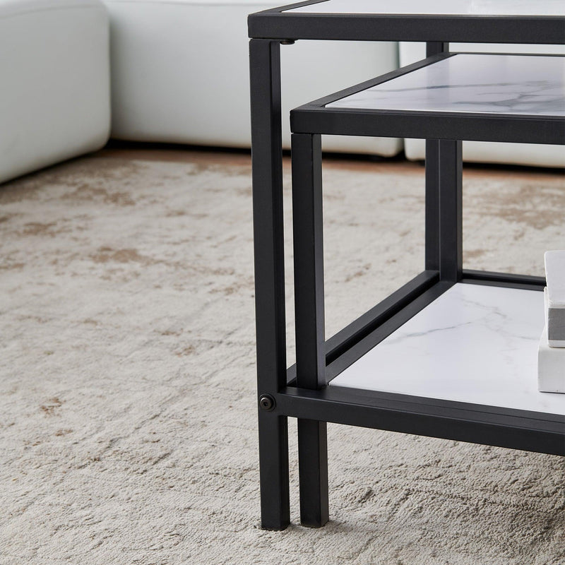Modern Nesting coffee table Square & rectangle,Black metal frame with wood marble color top - Supfirm