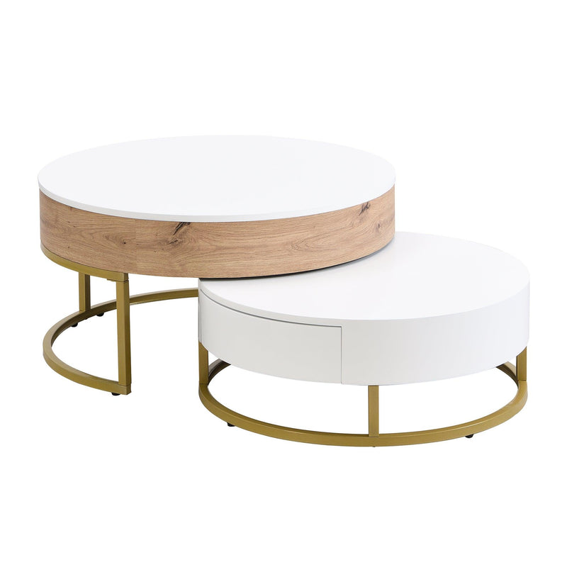 Modern Round Lift-top Nesting Coffee Tables with 2 Drawers White & Natural - Supfirm