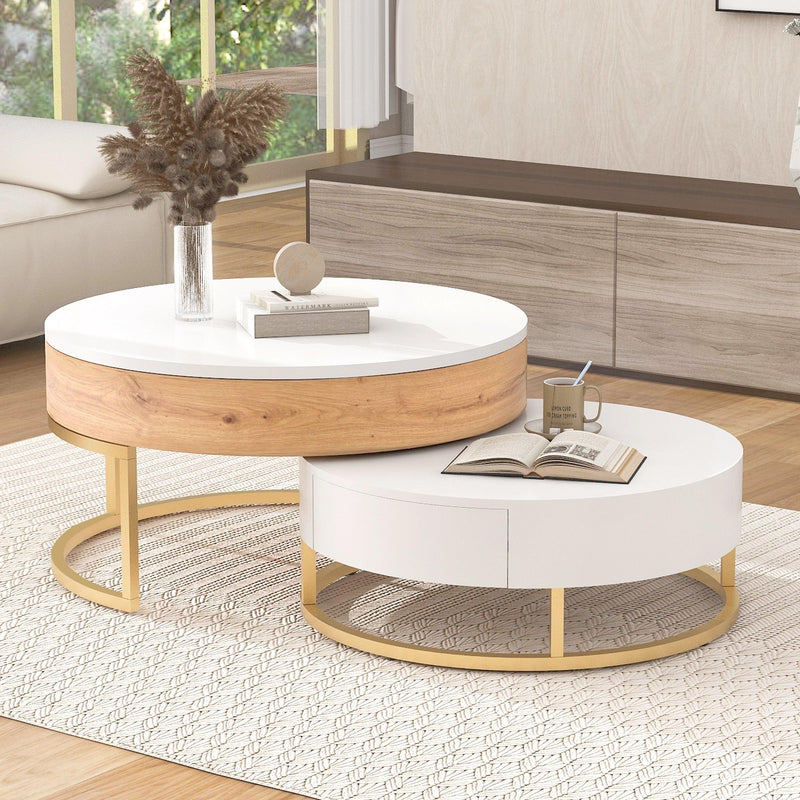 Modern Round Lift-top Nesting Coffee Tables with 2 Drawers White & Natural - Supfirm