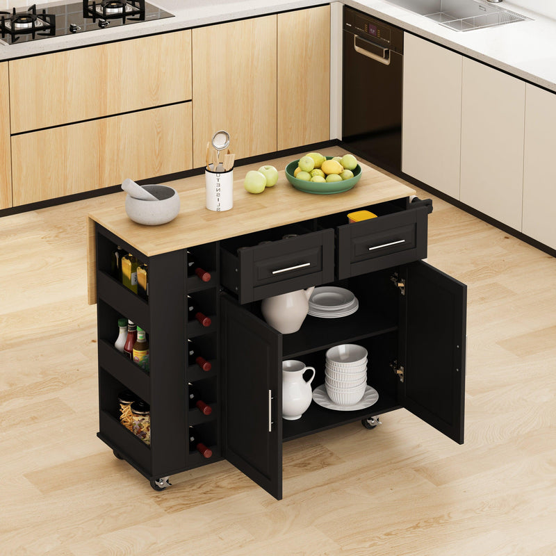 Multi-Functional Kitchen Island Cart with 2 Door Cabinet and Two Drawers,Spice Rack, Towel Holder, Wine Cubbies Rack, and Foldable Rubberwood Table Top (Black) - Supfirm