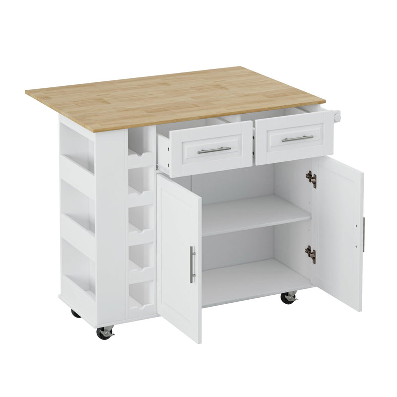 Multi-Functional Kitchen Island Cart with 2 Door Cabinet and Two Drawers,Spice Rack, Towel Holder, Wine Cubbies Rack, and Foldable Rubberwood Table Top (White) - Supfirm