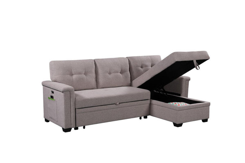 Nathan Light Gray Reversible Sleeper Sectional Sofa with Storage Chaise, USB Charging Ports and Pocket - Supfirm