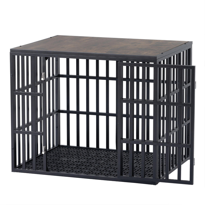 NEW HEAVY DUTY DOG CRATE FURNITURE FOR LARGE DOGS WOOD & STEEL DESIGN DOG CAGE INDOOR & OUTDOOR PET KENNEL 38X30X32INCH PET PLAYPEN WITH COVER METAL DOG FENCE CRATE BLACK - Supfirm