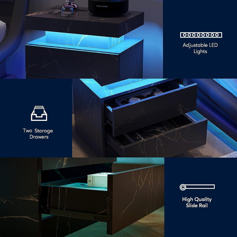 Nightstand LED Bedside Table Cabinet Lights Modern End Side with 2 Drawers for Bedroom (Black Gold) - Supfirm