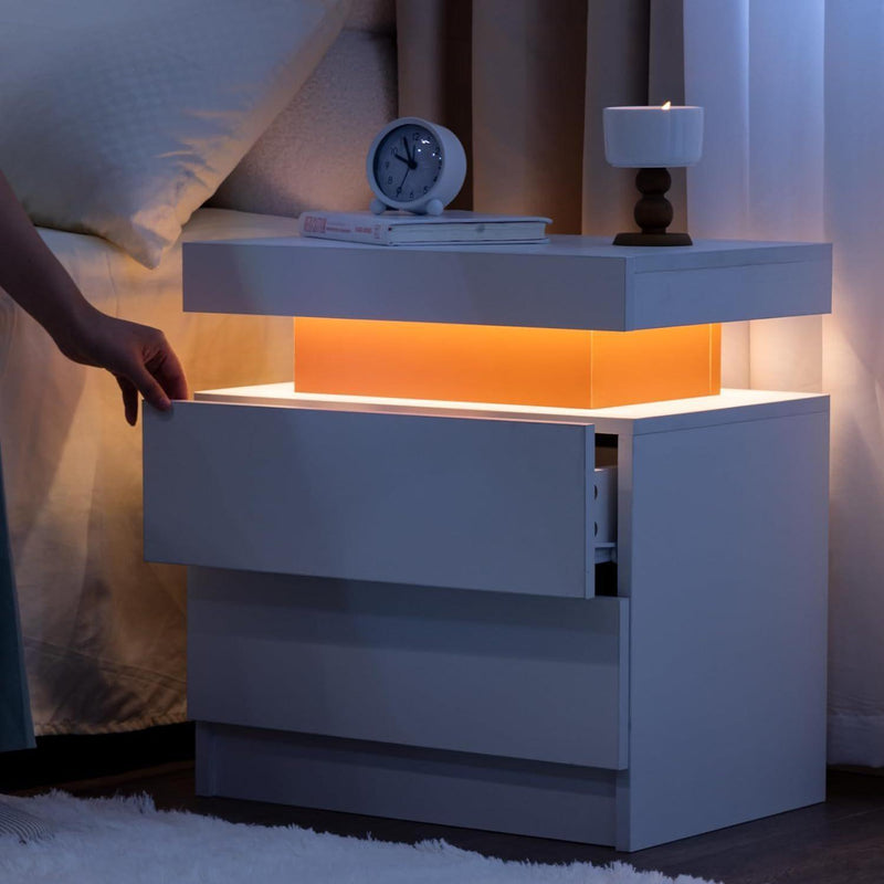 Nightstand LED Bedside Table Cabinet Lights Modern End Side with 2 Drawers for Bedroom (White Red) - Supfirm