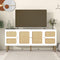 ON-TREND Boho style TV Stand with Rattan Door, Woven Media Console Table for TVs Up to 70'', Country Style Design Side Board with Gold Metal Base for Living Room, White. - Supfirm