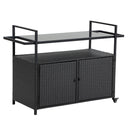 Outdoor Wicker Bar Cart, Patio Wine Cubbies Serving Cart w/Wheels, Rolling Rattan Beverage Bar Counter Table w/Glass Top for Porch Backyard Garden Poolside Party, Black - Supfirm