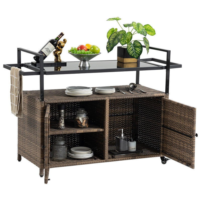Outdoor Wicker Bar Cart, Patio Wine Cubbies Serving Cart w/Wheels , Rolling Rattan Beverage Bar Counter Table w/Glass Top for Porch Backyard Garden Poolside Party, Light brown - Supfirm