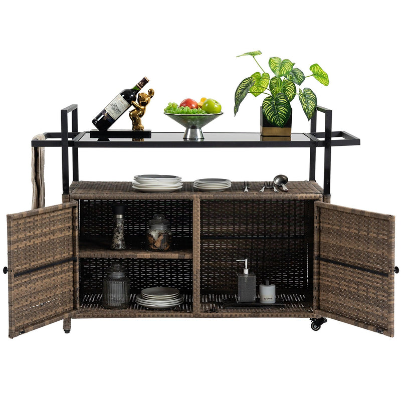 Outdoor Wicker Bar Cart, Patio Wine Cubbies Serving Cart w/Wheels , Rolling Rattan Beverage Bar Counter Table w/Glass Top for Porch Backyard Garden Poolside Party, Light brown - Supfirm