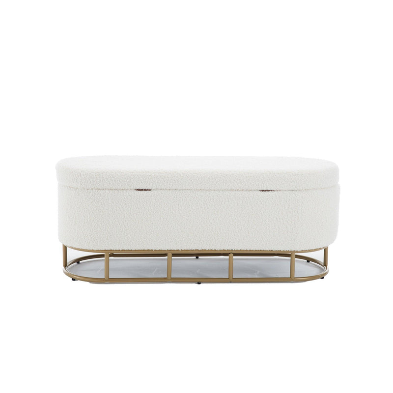 Oval Storage Bench for Living Room Bedroom End of Bed,Sherpa Fabric Plush Upholstered Storage Ottoman Entryway Bench With Metal Legs,Cream - Supfirm