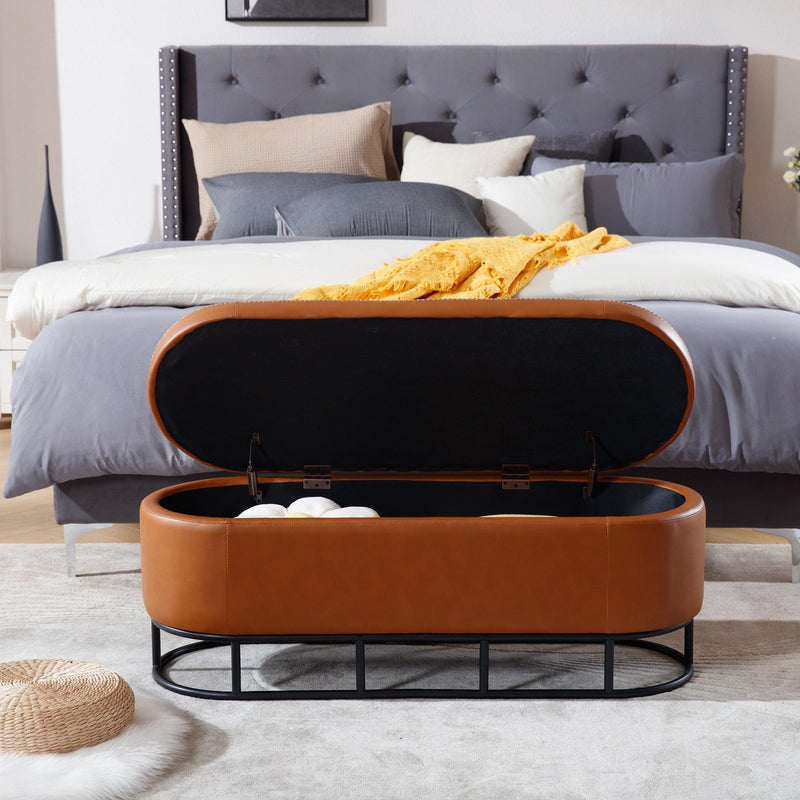 Oval Storage Bench for Living Room Bedroom End of Bed,Upholstered Storage Ottoman Entryway Bench With Metal Legs,Brown - Supfirm