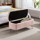 Pink Storage Ottoman Bench for End of Bed Gold Legs, Modern Grey Faux Fur Entryway Bench Upholstered Padded with Storage for Living Room Bedroom - Supfirm