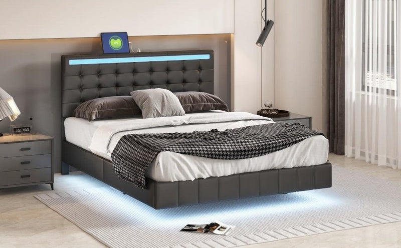 Queen Size Floating Bed Frame with LED Lights and USB Charging,Modern Upholstered Platform LED Bed Frame,Black - Supfirm
