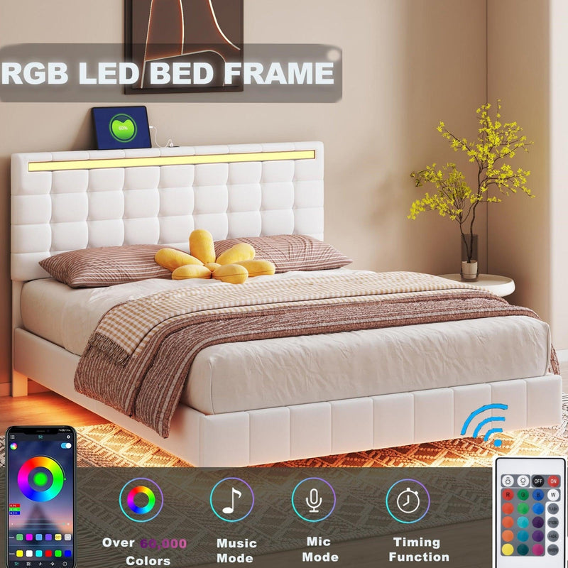 Queen Size Floating Bed Frame with LED Lights and USB Charging,Modern Upholstered Platform LED Bed Frame,White - Supfirm