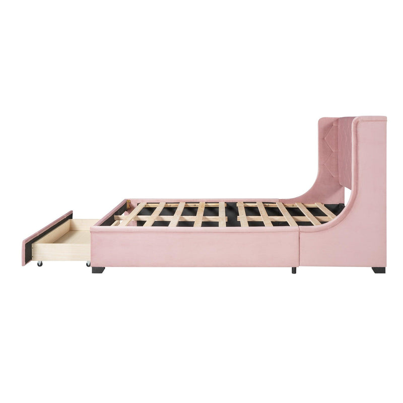 Queen Size Storage Bed Velvet Upholstered Platform Bed with Wingback Headboard and a Big Drawer (Pink) - Supfirm