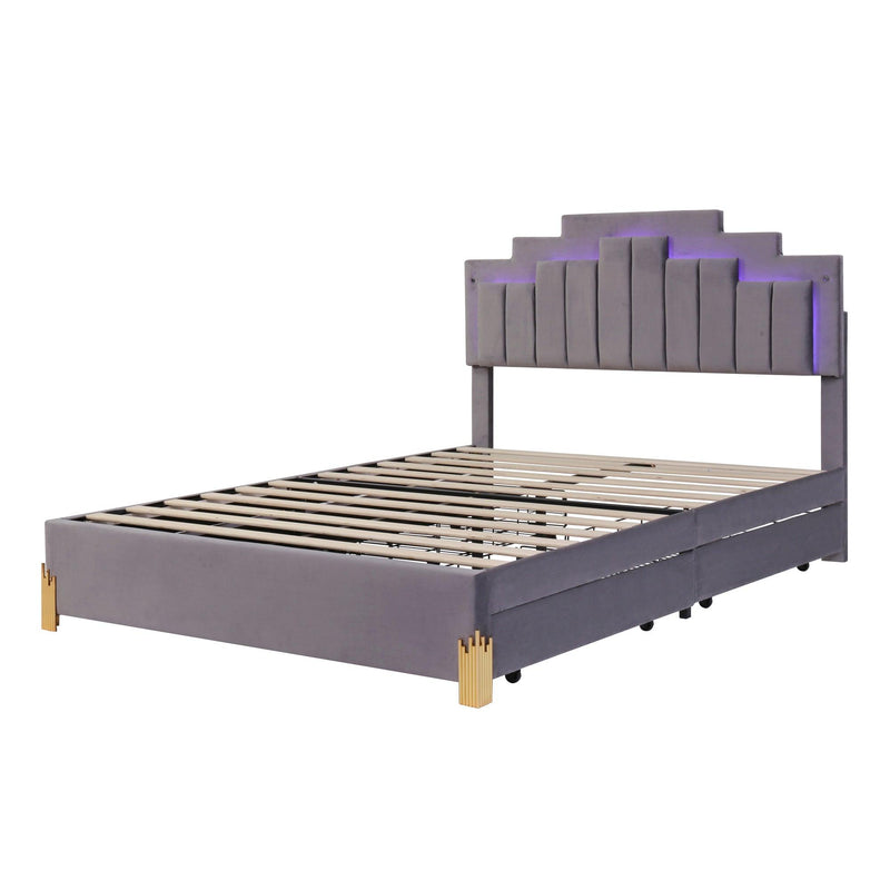 Queen Size Upholstered Platform Bed with LED Lights and 4 Drawers, Stylish Irregular Metal Bed Legs Design, Gray - Supfirm