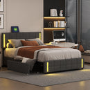 Queen Size Upholstered Platform Bed with LED Lights and USB Charging, Storage Bed with 4 Drawers, Gray(Linen) - Supfirm