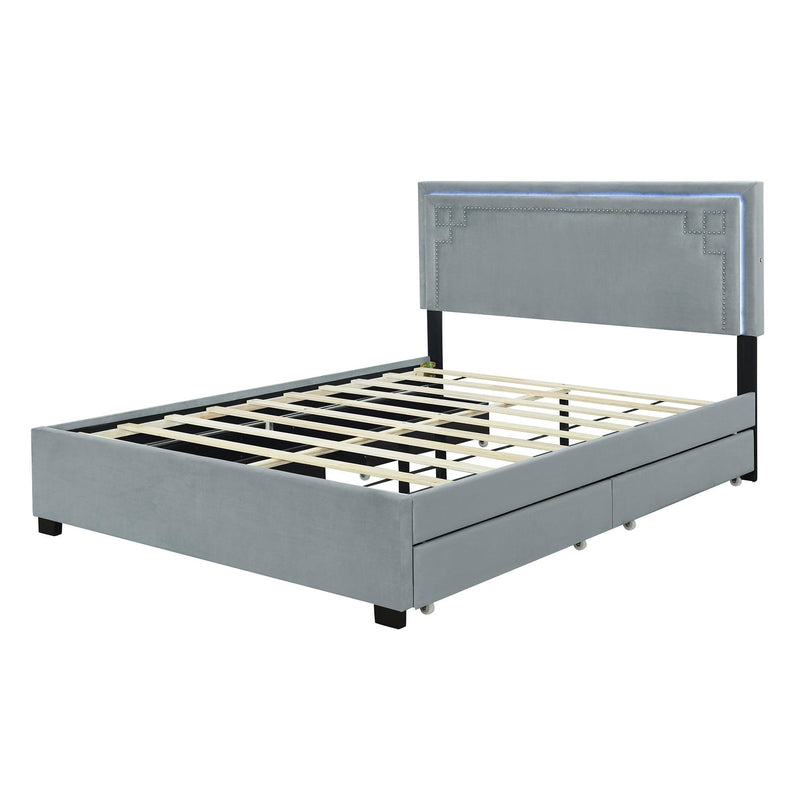 Queen Size Upholstered Platform Bed with Rivet-decorated Headboard, LED bed frame and 4 Drawers, Gray - Supfirm