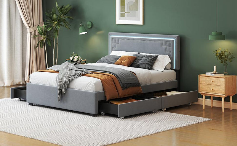 Queen Size Upholstered Platform Bed with Rivet-decorated Headboard, LED bed frame and 4 Drawers, Gray - Supfirm
