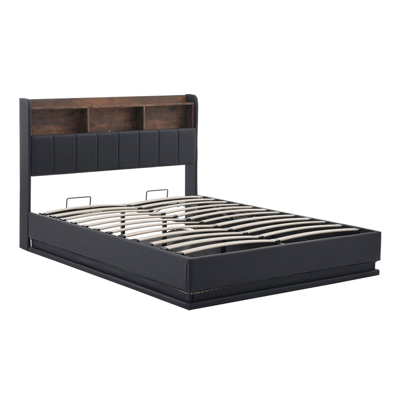 Queen Size Upholstered Platform Bed with Storage Headboard and Hydraulic Storage System, PU Storage Bed with LED Lights and USB charger, Black - Supfirm