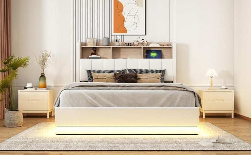 Queen Size Upholstered Platform Bed with Storage Headboard and Hydraulic Storage System, PU Storage Bed with LED Lights and USB charger, White - Supfirm