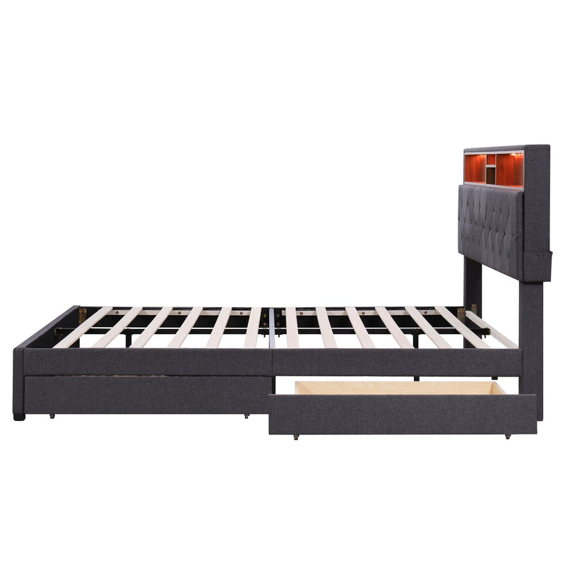 Queen Size Upholstered Platform Bed with Storage Headboard, LED, USB Charging and 2 Drawers, Dark Gray - Supfirm