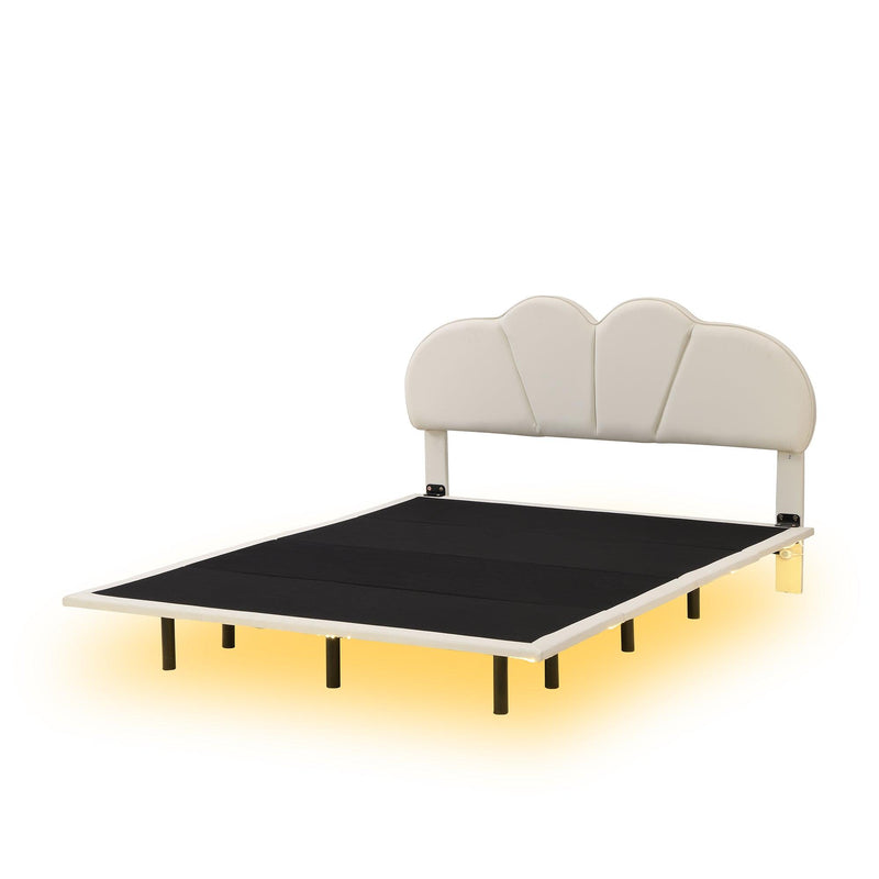 Queen Size Upholstery LED Floating Bed with PU Leather Headboard and Support Legs,Beige - Supfirm