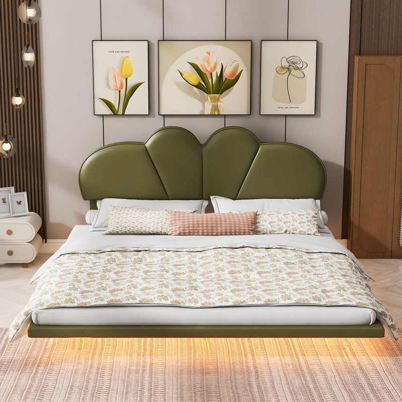 Queen Size Upholstery LED Floating Bed with PU Leather Headboard and Support Legs,Green - Supfirm
