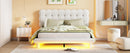 Queen Size Velvet Platform Bed with LED Frame, Thick & Soft Fabric and Button-tufted Design Headboard, Beige - Supfirm