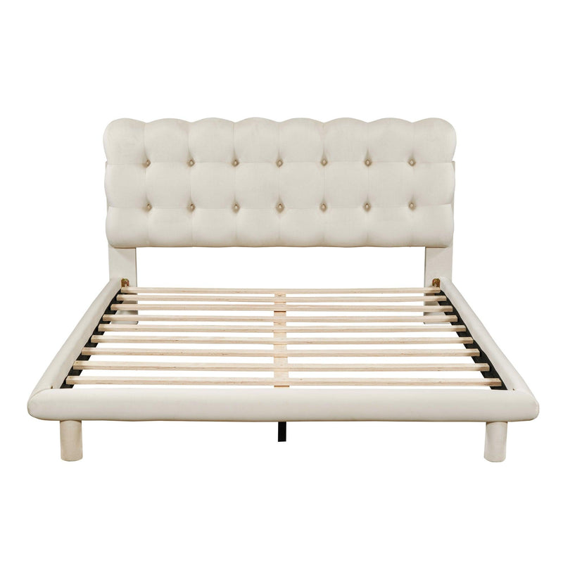Queen Size Velvet Platform Bed with LED Frame, Thick & Soft Fabric and Button-tufted Design Headboard, Beige - Supfirm