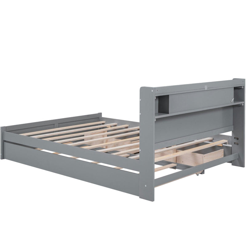 Queen Size Wood Storage Platform Bed with LED, 2 Drawers and 1 Twin Size Trundle, Gray - Supfirm