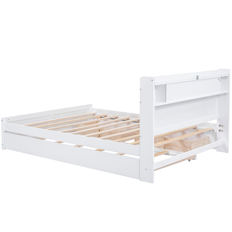 Queen Size Wood Storage Platform Bed with LED, 2 Drawers and 1 Twin Size Trundle, White - Supfirm